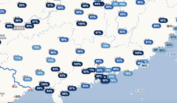 4月1日全国相对湿度分布图（华南地区）  来源：中国天气网