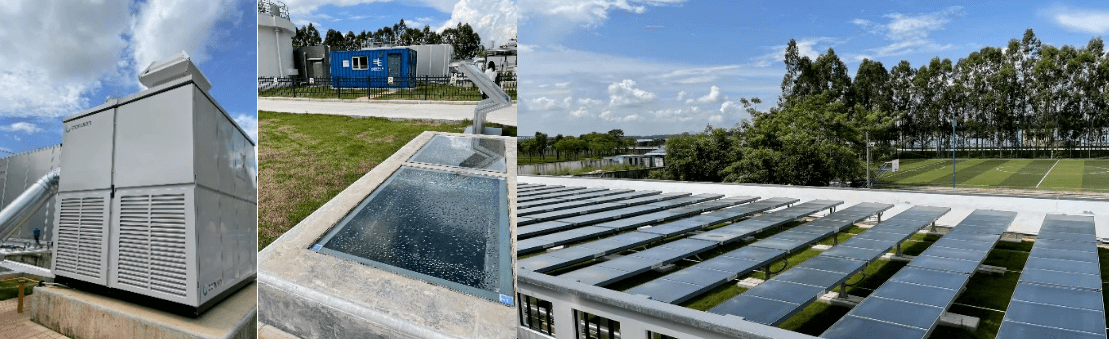从左到右:Convion C60型固体氧化物燃料电池、Heliostorage基岩储能系统、Savosolar SF500-12SG型太阳能集热器。