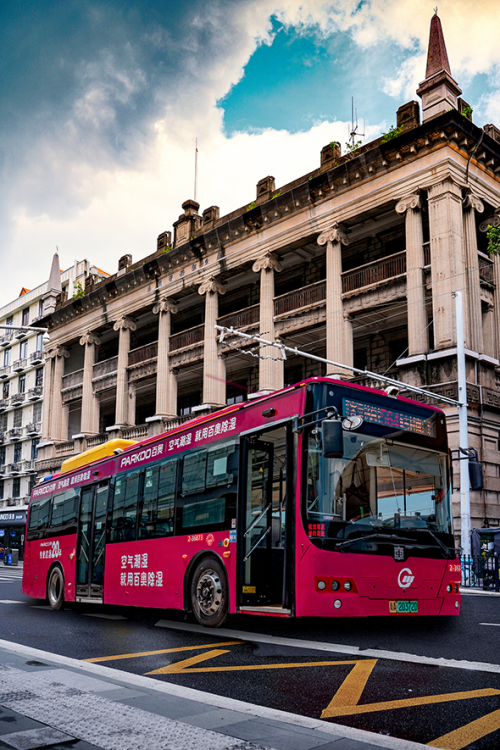 一辆玫红色的公交车,正载着广州人对干爽生活的向往前行